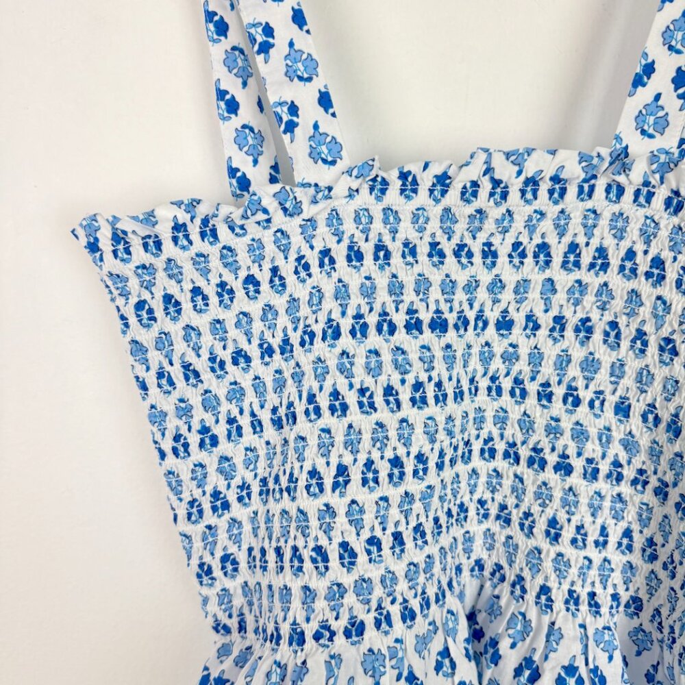 J. Crew Factory Smocked Tie-Shoulder Tank Top White Blue Size XS EUC - Picture 8 of 9